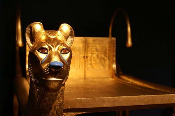 Detail of golden lions on a ritual bed found in the tomb.