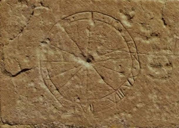 Medieval graffiti sundial etched onto a church wall. (Lincolnshire Medieval Graffiti Project)