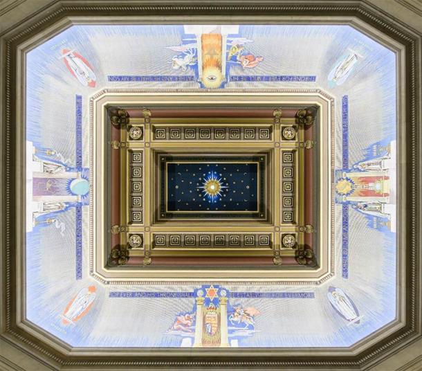 The Grand Temple Ceiling from the Freemason’s Hall in the United Grand Lodge of England, located in London. Notice the cosmic symbolism present throughout the artwork. (Colin / Wikimedia Commons)
