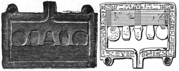 Left: Grey/black granite offering table originally of the 12th dynasty, later reused and dedicated to the god Seth by the king Aaqenenre (Apophis) during the 15th dynasty. 
