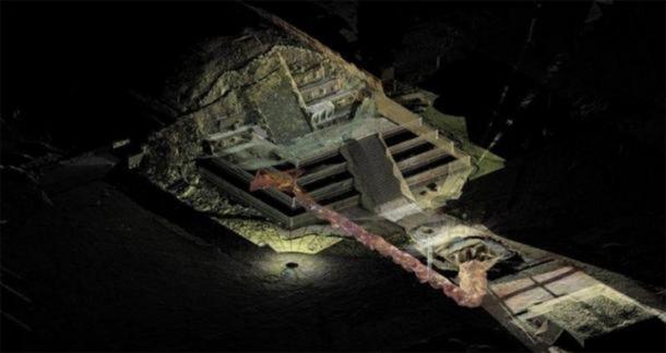 A graphic which shows the tunnel that may lead to a royal tombs discovered underneath the Quetzalcoatl temple in the ancient city of Teotihuacan. (INAH)