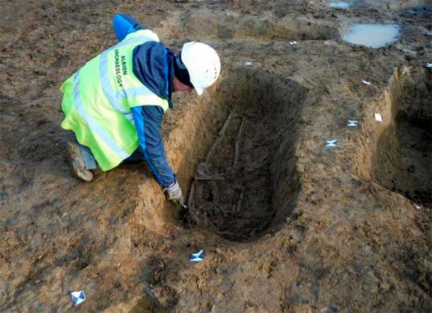 The grave of the skeleton, which is the first evidence of crucifixion in Roman Britain, as it was found during digging at a future housing development in Cambridgeshire, England. (Albion Archaeology)