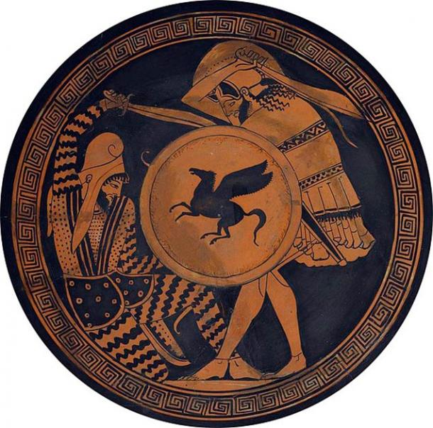 Greek hoplite and Persian warrior fighting each other. Depiction in ancient kylix. 5th c. BC. National Archaeological Museum of Athens. (Public Domain)