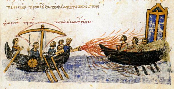 El fuego griego fue utilizado por primera vez por la armada bizantina durante las guerras bizantino-árabes. (Dominio publico)