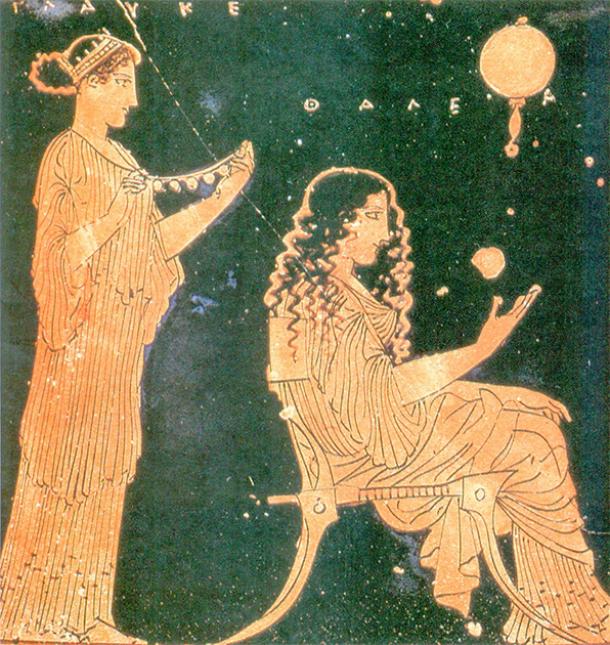Two Greek women of Archaic Athens making preparations for a wedding, displayed on ceramic painting from the 5th century BC. (Public domain)