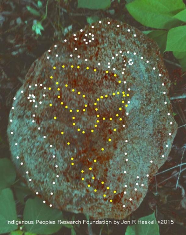 There are two levels of art. One the grotesque anthropomorphic head, and two,  other motifs such as these bird pairings and a dragon face. We are sure the head would have been covered in clay and painted with other such possible features. 