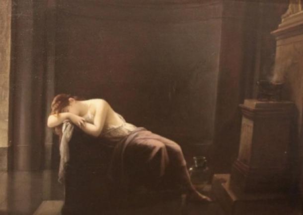 The guardian of the Vesta flame by Louis Hector Leroux (1879) (Public Domain)