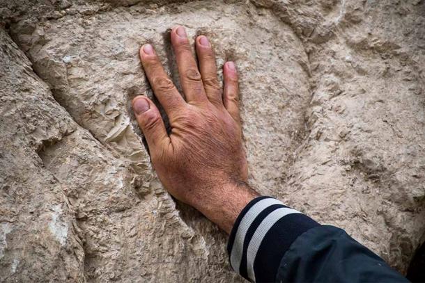 Modern-day hand trying the mystery handprint out for size. (Yuli Schwartz / Israel Antiquities Authority)