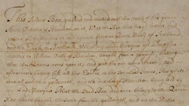 Durante más de 300 años, se ha contenido una carta escrita a mano que atribuye su propiedad a María, Reina de Escocia (Museos Nacionales de Escocia)