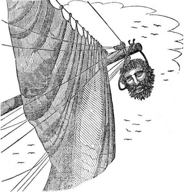 Edward Teach's severed head hangs from Maynard's bowsprit, as pictured in Charles Elles's ‘The Pirates Own Book.’ (1837)