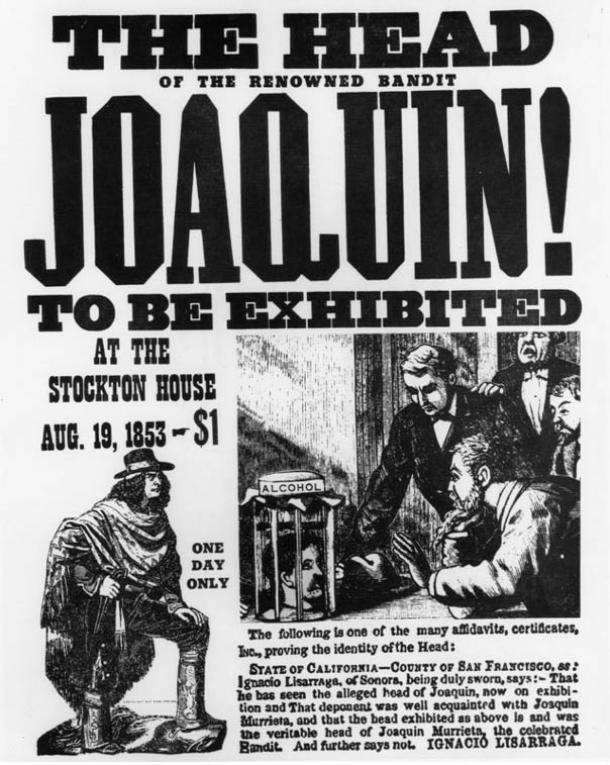 A poster advertising the display of the supposed head of Murrieta in Stockton, CA. 1853 