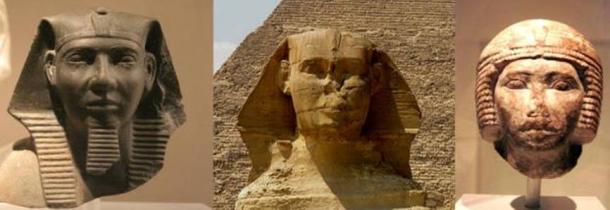 Cabeza de una estatua del faraón Khafre (Einsamer Schütze/CC BY SA 3.0), y cabeza en marfil del faraón Khufu expuesta en el Altes Museum (Marcus Cyron/CC BY SA 3.0).  ¿Ves algún parecido entre cualquiera de los faraones con la Esfinge?