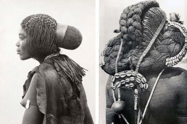 Different styles of headdress worn by the Mbalantu women. Photo: CHL Hahn, Collection Antje Otto