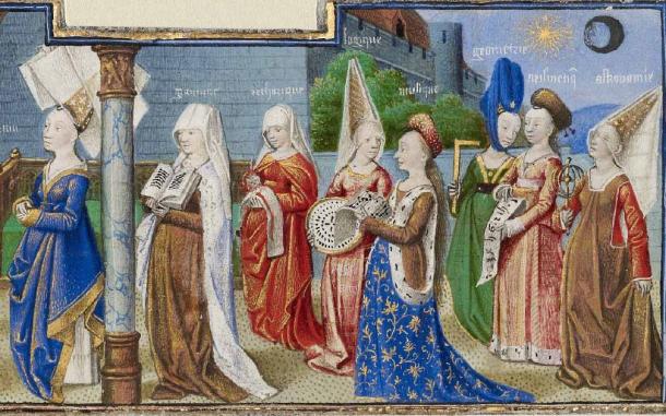 Variety of headdresses and veils; detail from Philosophy Presenting the Seven Liberal Arts to Boethius, a Coëtivy Master, circa 1460. (Public Domain)