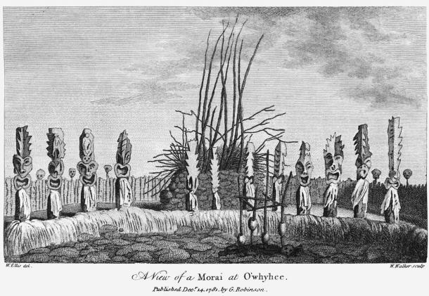 An illustration by William Ellis (from 1781) of the heiau religious site at Kealakekua Bay, Hawaii