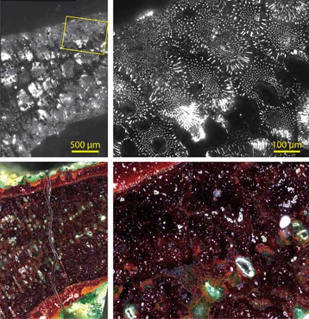 Comparison of high spatial dynamics-photoluminescence (PL) (top), and optical microscopy images (bottom). The area shown corresponds to part of one of the spokes of the amulet. The PL image reveals a eutectic rod-like structure that is undetectable in all of the other tested techniques. The image allowed the researchers to explain the process used to make the amulet.