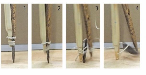 A high-speed photo sequence during a test after an 11.34 kg weight was dropped from 35 cm shows various moments as the stone point recedes into and splinters the pike shaft. Researchers said the way the stone point could have pierced animal flesh and the wood-and-bone shaft opened up suggests that the spear as a system functioned similar to a hollow-point bullet. 