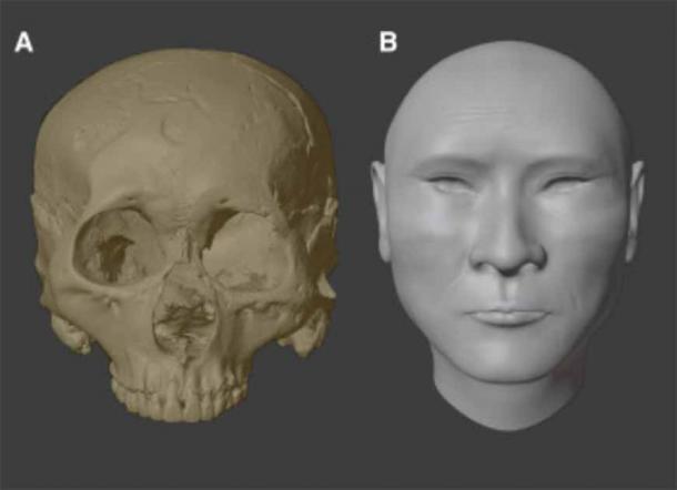 A: the highly detailed scan of the skull of Chinese Emperor Wu, and B the reconstructed facial features based on the skull and DNA extracted from it (Pianpian Wei / Current Biology)
