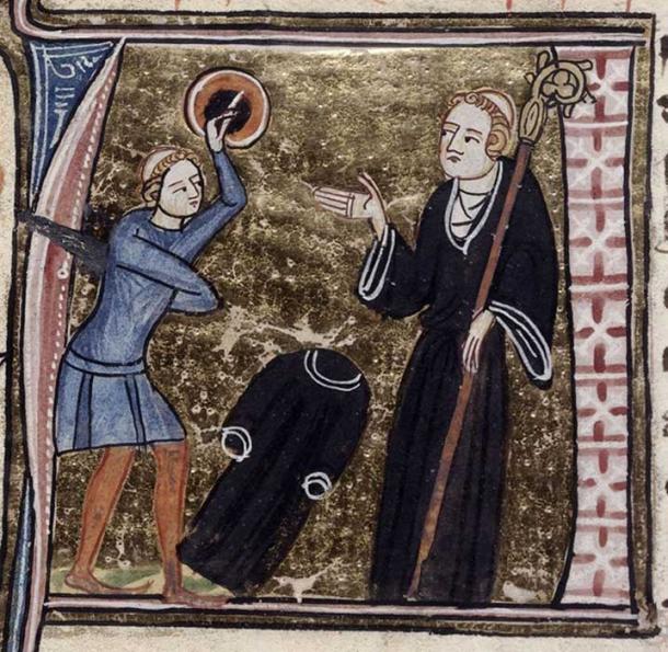 Detail of an historiated initial 'A'(postate) of a tonsured ex-cleric, armed with a sword and a shield and his black habit on the ground, facing an abbot. (Public Domain)