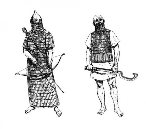 Una ilustración histórica de los antiguos guerreros asirios con armaduras de cuero largas y cortas. (Lunstream / Adobe Stock)