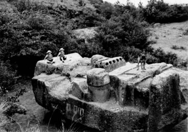 A historical photo of the Monolith of Tlaloc in Coatlinchan, Mexico. (Rodney Gallop, courtesy Nigel Gallop)