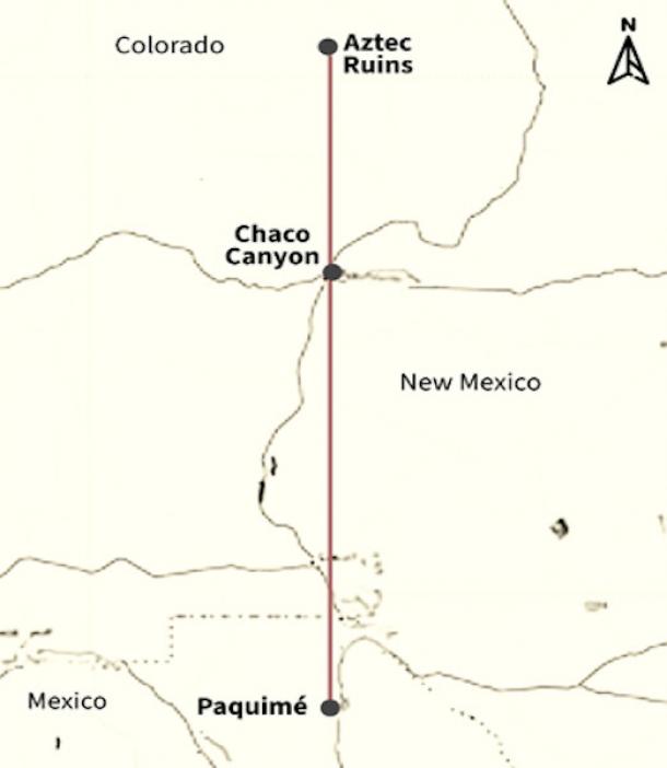 Figure 02. Stephen Lekson’s Chaco meridian, extending from Aztec Ruins in New Mexico to Paquimé in northern Mexico.