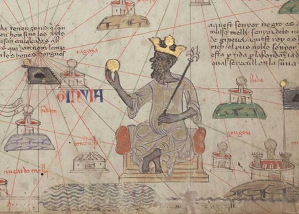 Musa representado sosteniendo una moneda de oro del Atlas catalán de 1375. 