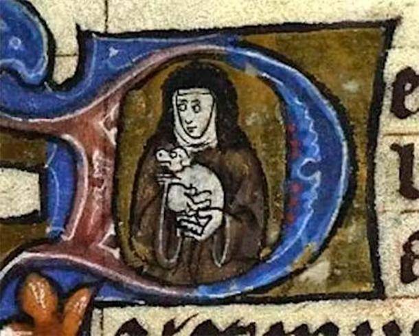 A nun holding her lapdog. (in Stowe MS 17, f. 100r. British Library)
