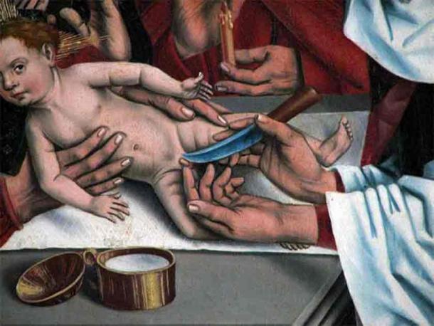 The holy prepuce of Jesus Christ is one of the most bizarre relics in existence. Detail from The Circumcision of Jesus by Friedrich Herlin, an event described in the Gospel of Luke. (Public domain)