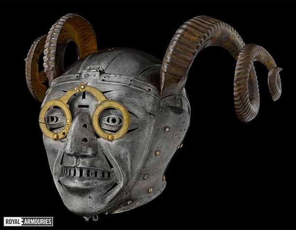 The Horned Helmet of Henry VIII.  Historians believe the bizarre helmet was sent as a gift to King Henry VIII by Maximilian I, the Holy Roman Emperor in 1514 AD. Exhibited today in the Royal Armouries Museum in Leeds, England (Royal Armouries / Non-Commercial License)