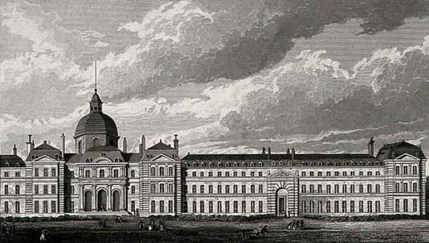 Hôpital de la Salpêtrière, Paris: panoramic view. Engraving by B. Winkles after B. Ferrey after A. Pugin.