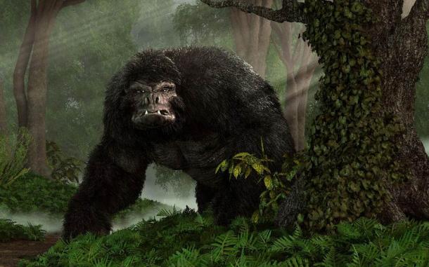 A huge hairy gorilla-like Bigfoot or Sasquatch glaring from a steamy forest. (Daniel / Adobe Stock)