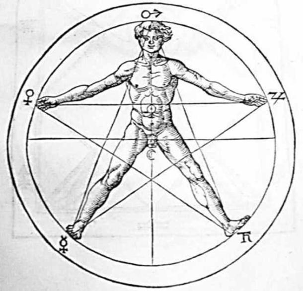 Image of a human body in a pentagram from Heinrich Cornelius Agrippa's ‘Libri tres de occulta philosophia.’ (The Three Books of Occult Philosophy). Symbols of the sun and moon are in center, while the other five classical