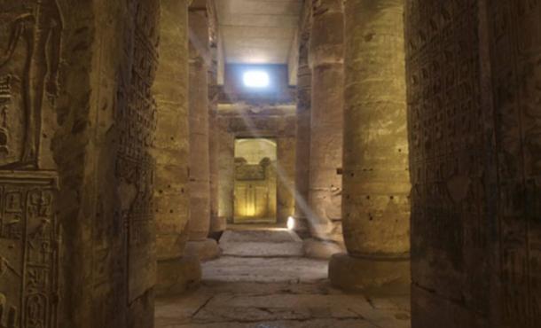 A view down the axis of the hypostyle hall of the temple of Seti I at Abydos, Egypt.