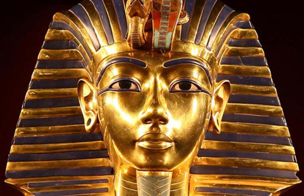Detail of the iconic Golden Mask of Pharaoh Tutankhamun. 