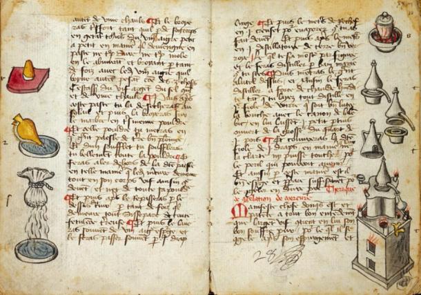 An illuminated page from a book on alchemical processes and receipts. Nicolas Flamel was known to have been a scribe. (Fæ / CC BY-SA 4.0)
