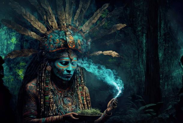 AI illustration of a Shaman leading a holy ayahuasca ceremony