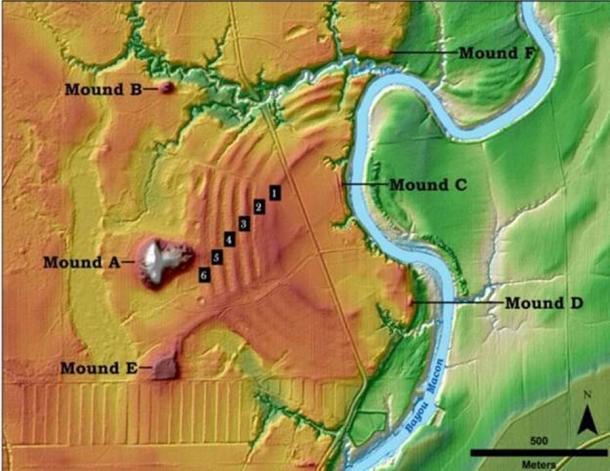 The illustration above shows the core features of the Poverty Point site in northern Louisiana. (T.R. Kidder / Washington University in St Louis)
