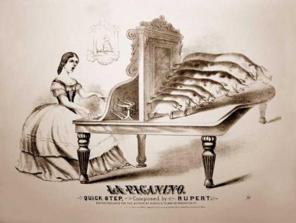 Cover illustration for the piece of sheet music entitled La Piganino, illustrating the porko forte. (Public domain)