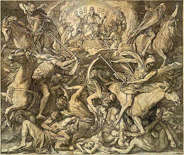 illustration entitled Throne Room and Four Horsemen of the Apocalypse by Julius Schnorr von Carolsfeld. (Public domain)