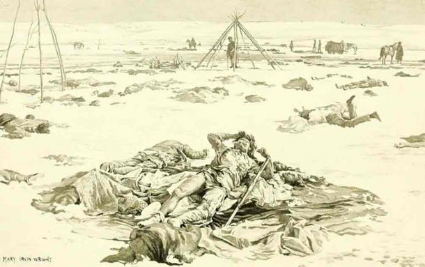 Illustration from the Annual report of the Bureau of Ethnology to the Secretary of the Smithsonian Institution, depicting the Wounded Knee Massacre of 1890, where members of the Lakota Sioux tribe were massacred by the U.S. Cavalry. (Public domain)