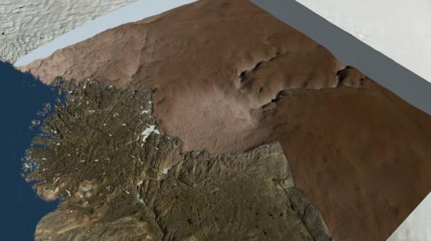 An image from NASA showing the ice sheet removed in the region around the Hiawatha Glacier and the bed topography under the ice clearly showing the Hiawatha crater