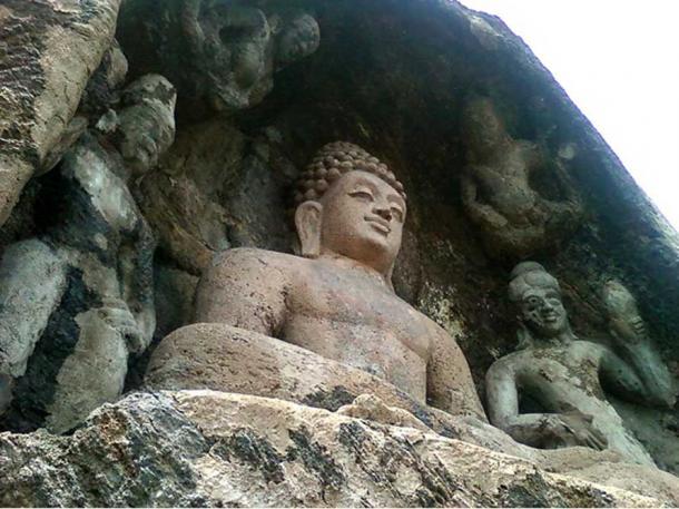 A rock cut image of Buddha at Bojjannakonda Cave Monastic ruins site near Anakapalle in Visakhapatnam district, Andhra Pradesh, India.