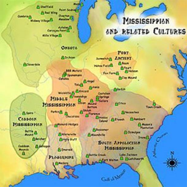 Map of ancient Mississippian and related cultures, where Cahokia tribe was situated. (Herb Roe)