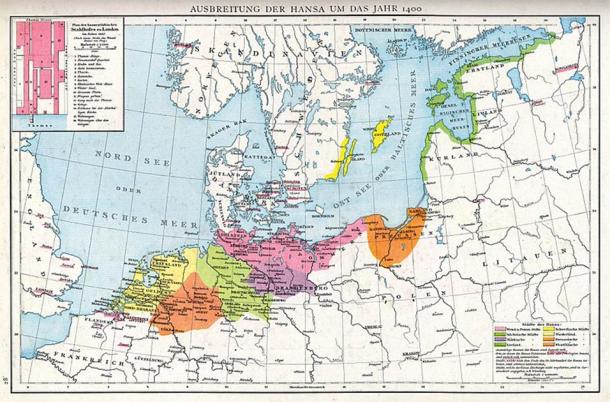 Map of Medieval Northern Europe showing the extent of the Hanseatic League. Source: Droysen / Andrée / CC BY-SA