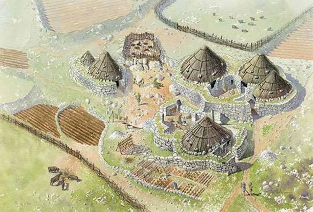 A reconstruction illustration showing the late Iron Age courtyard houses at Halangy Down Ancient Village (Illustration by Phil Kenning / Historic England)