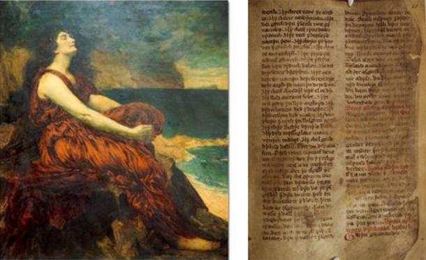 Branwen, on the left, is one of the most tragic figures from Welsh mythology, is associated with Harlech Castle. (Public domain) Right; The Four Branches of the Mabinogion are a collection of Medieval Welsh mythological which include the story of Branwen ferch Llŷr. (National Library of Wales / CC0)