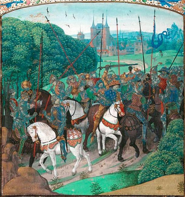 Catherine of Valois did not have a happy childhood. Her father, Charles VI, suffered from infamous bouts of insanity. One such episode occurred when crossing the forest of Le Mans during an expedition, when the Charles mistook members of his retinue for enemies and attached them. Image from the 15th century Froissart’s Chronicles. (Public domain)