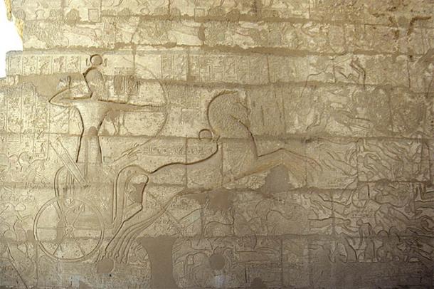 Relief from the Ramesseum, the memorial temple of Pharaoh Ramesses II, showing a chariot in a battle fighting back the Hyksos from Egypt. (Roland Unger / CC BY-SA 3.0)