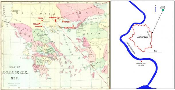 Location of Amphipolis and other relevant sites in northern Greece and the site of the Kasta Mound with the orientation of the tomb chambers towards the acropolis of the city (Image: ©A. M. Chugg using a map of Greece published in 1872).